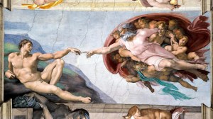 The restored 'Creation of Adam' by Michelangelo Buonarroti on the ceiling of the Sistine Chapel